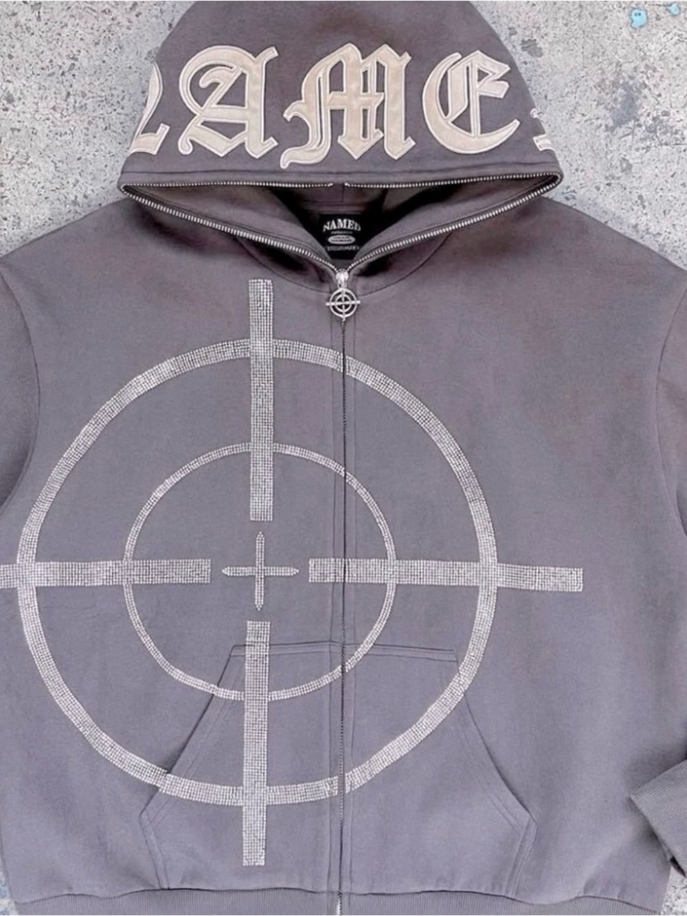 NAMED COLLECTIVE Gray Zip-Up Hoodie with Rhinestone Target Graphic